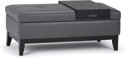 SIMPLIHOME Oregon 42 inch Wide Contemporary Rectangle Storage Ottoman Bench with Tray in Stone Grey Vegan Faux Leather, Assembled, For the Living Room, Entryway and Family Room