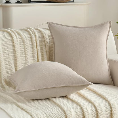 FUTEI Beige Chenille Throw Pillow Covers 22x22 Inch Set of 2,Edges Double-Stitched Cushion Cases,Modern Home Decor for Couch Living Room