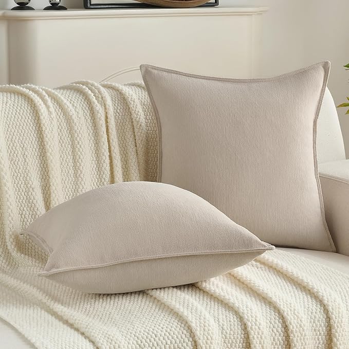 FUTEI Beige Chenille Throw Pillow Covers 24x24 Inch Set of 2,Edges Double-Stitched European Cushion Cases,Modern Home Decor for Couch Living Room