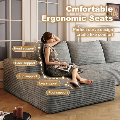 136" Sectional Couches for Living Room Modern Modular Sofa with L-Shape Couchs Upholstered Boneless Couch Deep Seat Sectional Couch with Chaise (Grey, Left Facing Chaise+3Seaters)