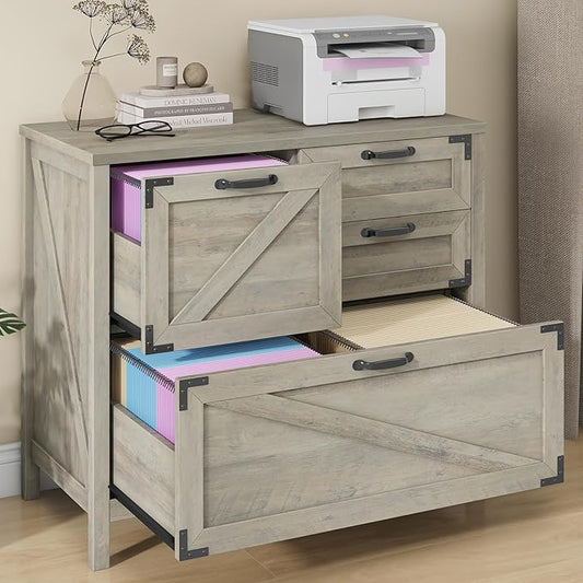 Lateral File Cabinet with 4 Drawers, Farmhouse File Cabinet for Letter/Legal/A4 Size Hanging Files, Large Wood File Storage Cabinets Printer Stand for Home Office Cabinets, Rustic Grey