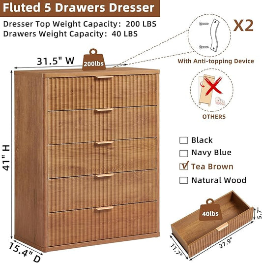 LEYAOYAO Fluted 5 Drawers Dresser for Bedroom Set of 2, 41" Tall Modern Chest of Drawers with Metal Handle, Curved Profile Design,Brown Wood Drawer Organizer for Bedroom, Living Room, Hallway