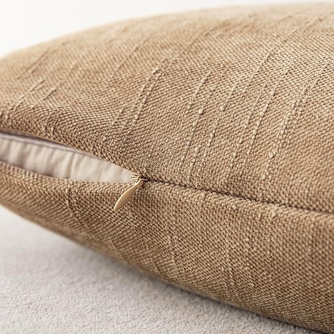 Foindtower Pack of 2 Textured Chenille Throw Decorative Pillow Covers Square Accent Solid Cushion Cover Neutral Farmhouse Pillow Case for Couch Sofa Bedroom Living Room 24x24 Inch,Taupe Khaki Camel