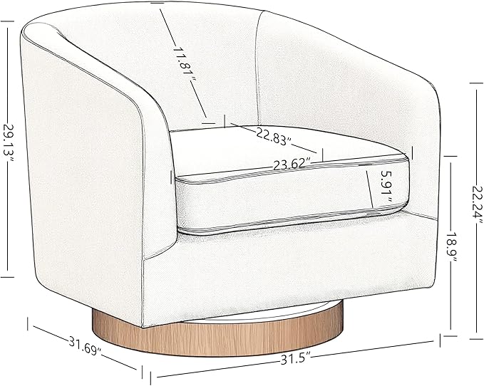 AEDI Swivel Accent Chair with Solid Wood Base, Upholstered Barrel Armchair for Living Room, Modern Small Club Chair,Gray