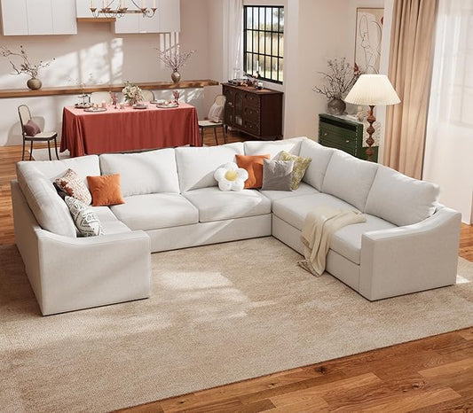ABCASA U Shaped Sectional Sofa with Detachable Cover, Modular Couch for Living Room, Breathable Linen Fabric Corner Couch with 9 Seats, Ivory
