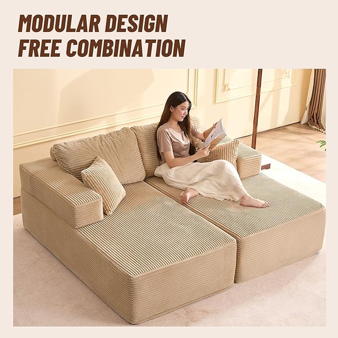 Chaise Lounge Chair, Boneless Couch for Living Room and Bedroom, Sleeper Couches Reading Chairs, Corduroy, Camel