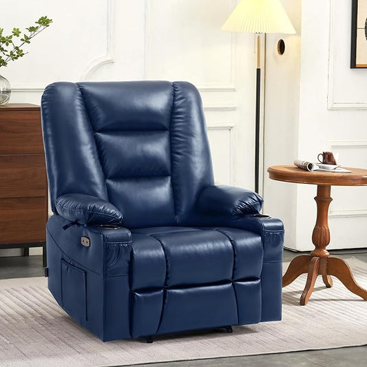 MCombo Oversized Power Lift Recliner Chair with Massage and Heat for Big and Tall Elderly People, Cup Holders, USB Ports, Side Pockets, Faux Leather R7541 (Navy Blue, Large-Oversize)