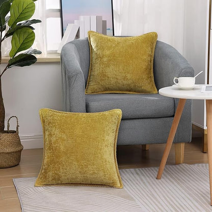decorUhome Chenille Soft Throw Pillow Covers 22x22 Set of 2, Farmhouse Velvet Neutral Decorative Euro Pillow Covers with Stitched Edge for Couch Sofa Bed Home Decor, Mineral Yellow