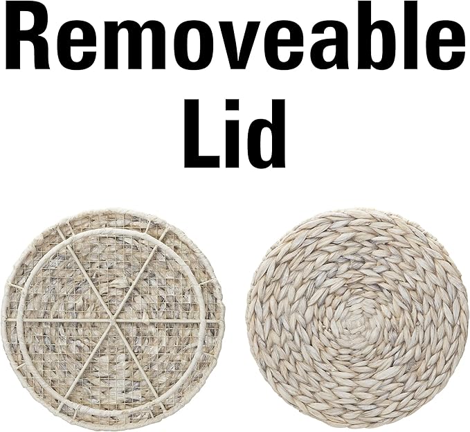 Household Essentials Handwoven Water Hyacinth Barrel Wicker Storage Basket Side Table, Cream Finish