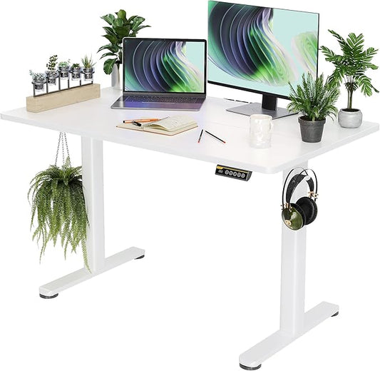 Claiks Electric Standing Desk, Adjustable Height Stand up Desk, 48x24 Inches Sit Stand Home Office Desk with Splice Board, White Frame/White Top