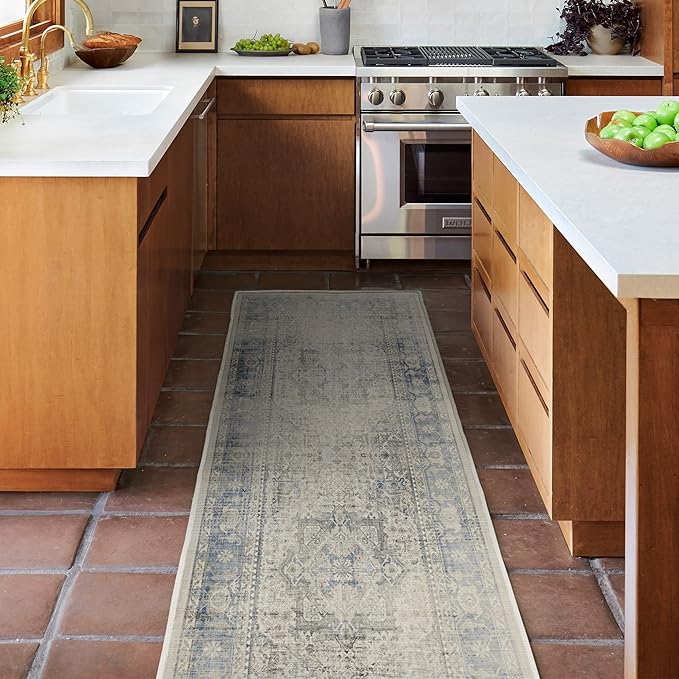 RUGGABLE Washable Vintage Runner Rug – Kamran Blue Quartz 2.5x10, Stain-Resistant, Non-Slip Hallway Runner – Machine Washable Rug for Hallway, Entryway, Living Room & Kitchen–with Cushioned Pad