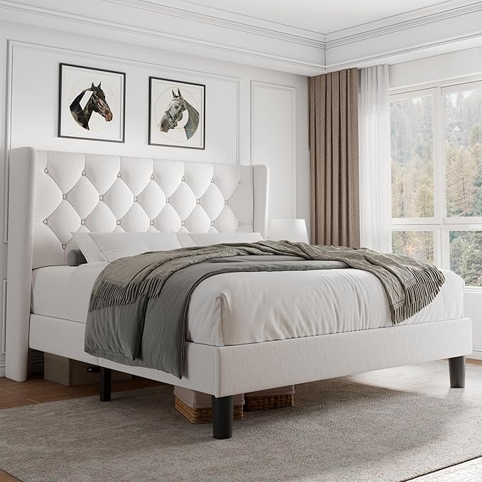 iPormis Queen Size Velvet Platform Bed Frame with Button Tufted Headboard, Upholstered Bed Frame with Solid Wooden Slats, 8" Underbed Space, No Box Spring Needed, Noise Free, Easy Assembly, White