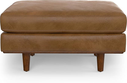SIMPLIHOME Morrison Mid-Century Modern 72 inch Wide Sofa with Ottoman Set in Caramel Brown Genuine Leather for the Living Room and Family Room