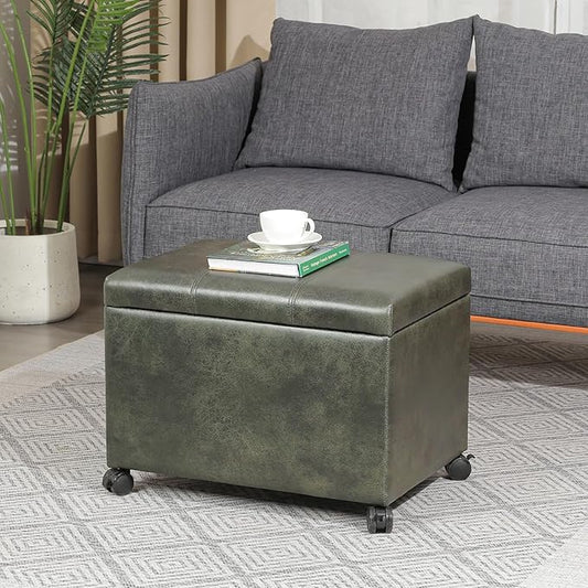 Asense Ottoman with Wheels,16.7x24x18.1 Inches Leather Rolling Ottoman with Storage,Safety Hinge,Upholstered Storage Bench for Living Room,Bedroom,Entryway,Green