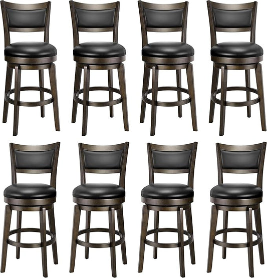 PrimeZone Swivel Bar Stools Set of 8, 24 Inch Counter Height Barstools, Black Faux Leather Bar Stool with High Backrest & Solid Wood Legs & Wrap-around Footrest, Counter Stools for Kitchen Island, Pub