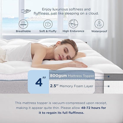 Bedsure 4 Inch Memory Foam Queen Mattress Topper, Dual Layer 2.5 Inch Gel Memory Foam & 800 GSM Waterproof Pillow Top Cooling Mattress Pad with 8-21 Inch Deep Pocket (Queen, 60x80 Inches)