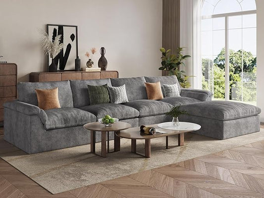 EASE MOOSE Oversized Cloud Couch Sectional Sofa, L-Shaped Large Modular Couch for Living Room, Minimalist Boneless Convertible Couches with Ottoman, 5-Seat Deep Sofas for Bedroom, Chenille (Grey)