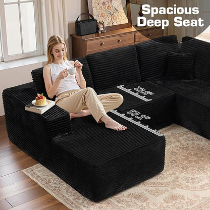 Weaxty Boneless Sectional Couch, U Shaped Modular Cloud Couches with Chaise, Plush Corduroy Memory Foam Deep Seat Floor Sofa, No Assembly Required，Black