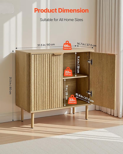 VEVOR Fluted Cabinet, Buffet Cabinet with 2-Tier Storage, Coffee Bar Cabinet with Adjustable Shelves, Sideboard Buffet for Hallway, Entryway, Living Room, or Kitchen, Oak