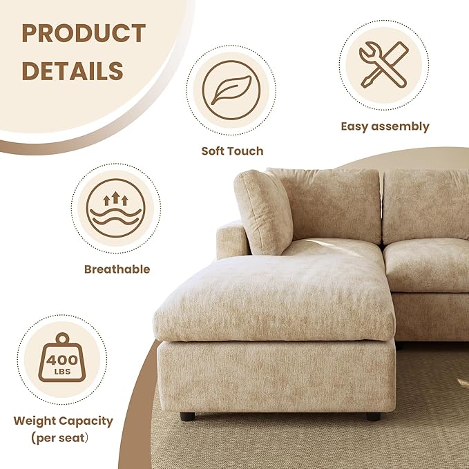 WJShome Modern V Shaped Sectional Couches for Living Room,100 Inch 5-Seater Chenille Deep Seat Modular Sofa with Ottoman, Cloud Couch for Bedroom and Apartment，Khaki