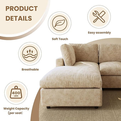 WJShome Modern Sectional Couches for Living Room,100 Inch 3-Seater Chenille Deep Seat Modular Sofa, Cloud Couch for Bedroom and Apartment，Khaki