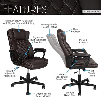 Techni Mobili Ergonomic Executive Office Chair, High Back, Adjustable Height, Lumbar Support, Diamond-Stitched Padding, Swivel Desk Chair with Armrests & Tilt Recline for Home Office or Work (Brown)