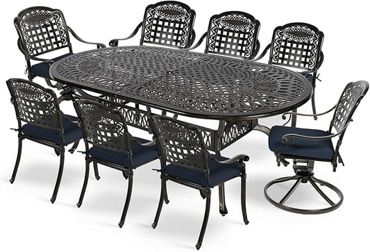 MEETWARM 9-Piece Outdoor Patio Dining Set, All-Weather Cast Aluminum Patio Conversation Set with 6 Stationary, 2 Swivel Rocker Chairs, 1 Oval Table, 8 Cushions, 2" Umbrella Hole, Navy Blue