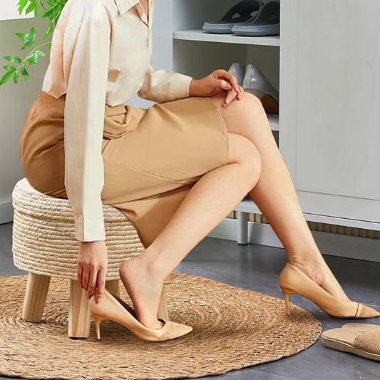 Cpintltr Storage Ottoman Poufs Handwoven Footstool Natural Seagrass Round Footrest Stool with 4 Wood Legs Soft Padded Outdoor Seat for Hallway Lounge Bedroom Garden