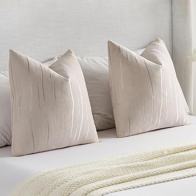 FUTEI Beige Chenille Decorative Throw Pillow Covers 26x26 Inch Set of 2,Soft Embossed Striped Textured Euro Pillow Shams,Modern Home Decor for Couch Bed Living Room