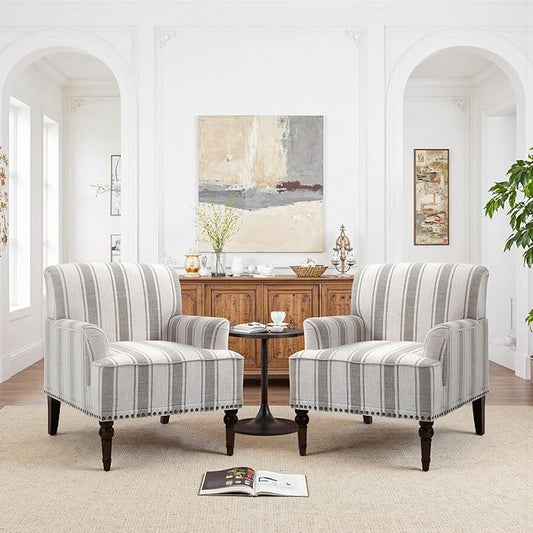 Pia Ricco Stripe Accent Chairs 2 Pack - Modern Nailhead Trim Armchairs with Wood Legs, Comfy Living Room Bedroom Home Office Seating-Brown