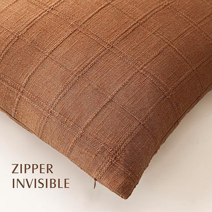 Foindtower Set of 2 Decorative Linen Check Throw Pillow Covers Neutral Farmhouse Vintage Cushion Covers Modern Boho Home Decor for Sofa Chair Couch Bedroom Living Room,20×20 Inch,Orange