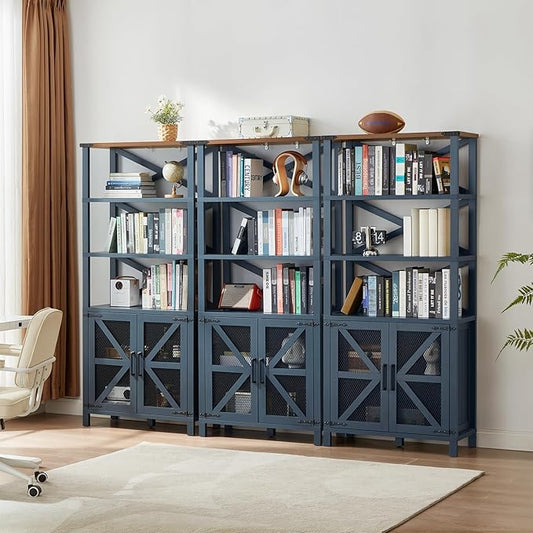 5 Tier Bookshelf 70" Tall Bookcase with Barn Doors,Large Farmhouse Display Book Shelf with Adjustable Shelves and Storage Cabinet，Library Wood Bookshelves for Living Room,Kitchen,Blue(3PCS)