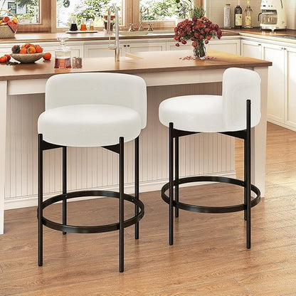 COSTWAY Counter Height Bar Stools Set of 4, 24.5 Inch Boucle Modern Barstools w/Curved Backrest, Metal Frame, Comfy Footrest, Upholstered Island Chairs for Dining Room, Kitchen, Cafe, 400 LBS Max Load