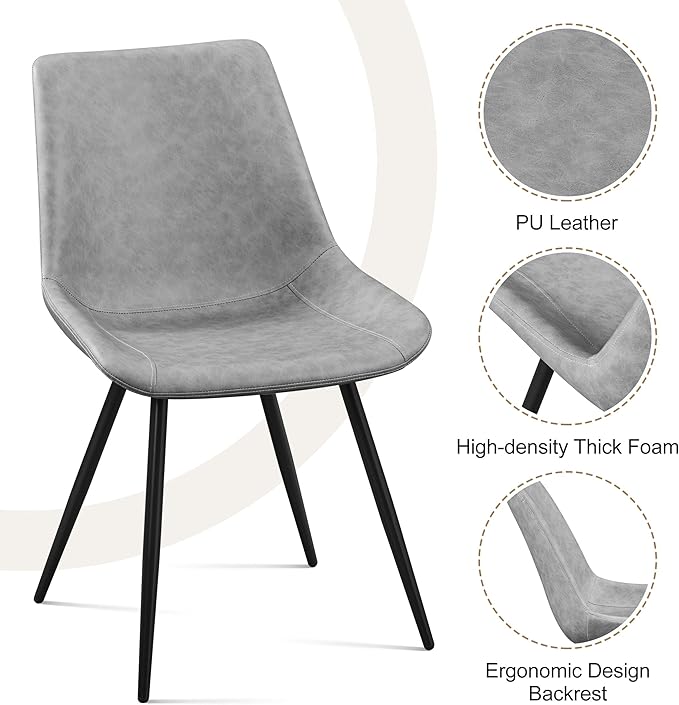 Yaheetech Dining Chairs Set of 2 Modern Upholstered Dining Room Chairs with Faux Leather Seat and Metal Legs for Home, Kitchen, Armless Design, Gray