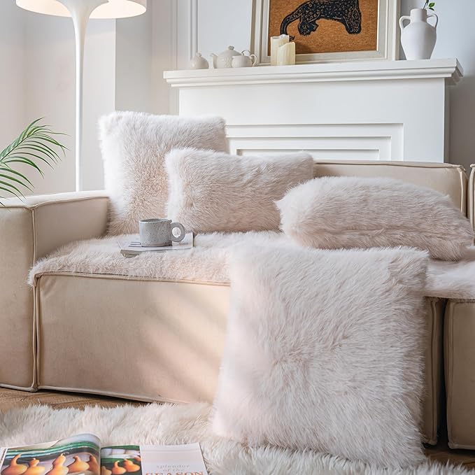 Neelvin Beige Faux Fur Cozy Fluffy Double-Sided Decorative Throw Pillow Covers 12x20 inch Set of 2,Velvet Pillowcase Cushion Case for Sofa Couch
