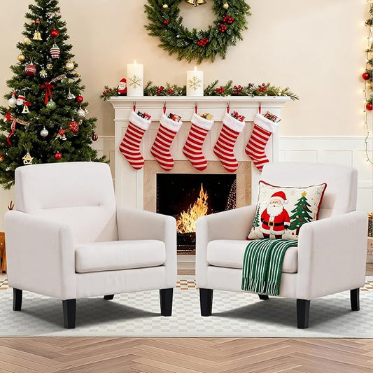 Accent Chairs Set of 2, Mid Century Modern Living Room Chairs Comfy Reading Chair with Upholstered Cushion Relax Armchair for Bedroom Apartment,Office, Begie