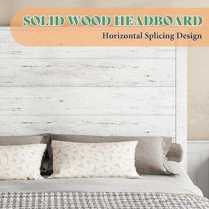 AMERLIFE King Size 51.2" Wood Bed Frame, Rustic Platform Bed with Spliced Headboard, Wood Slats Support/No Box Spring Needed/Noiseless/Antique White