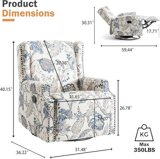 Premium 360° Swivel Recliner Chair with Footrest - Luxurious Cotton Linen & Botanical Design-Bule Plant