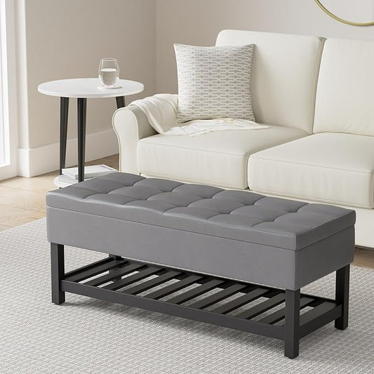 SIMPLIHOME Cosmopolitan 44 inch Wide Transitional Rectangle Storage Ottoman Bench with Open Bottom in Stone Grey Vegan Faux Leather, Assembled for the Living Room and Bedroom