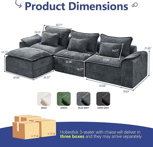 Hobestluk 120" Cloud Modular Sectional Couch 3-Seater Sofa with Ottoman L Shaped Sofa with Removable Cover Large Sofa Couch for Living Room (Blue Grey, 3-Seater Sofa with One Ottoman)