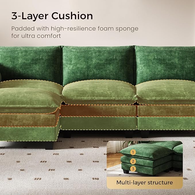 KKL 120" Huge Modular Sectional Sofa Bed, 8 Seater Convertible J/L/U-Shaped Sleeper Cloud Couch with Ottoman, Chenille Sectional Couches for Living Room, Apartment, Green