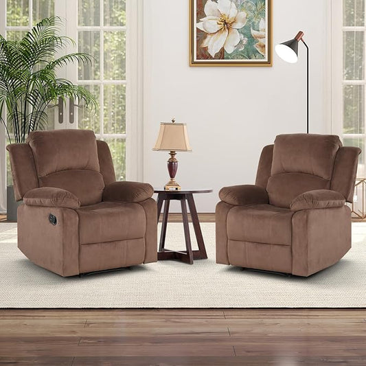 CANMOV Manual Recliner Chair Set of 2, Soft Fabric Overstuffed Recliner Single Sofa Chair for Living Room Bedroom, Heavy Duty and Safety Reclining Mechanism, Light Brown