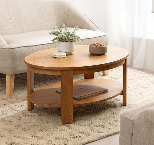 Kate and Laurel Foxford Modern Tiered Oval Coffee Table; 38 x 24 x 18; Natural Brown; Transitional Two-Tier Living Room Table with Storage and Resilient Wood Construction