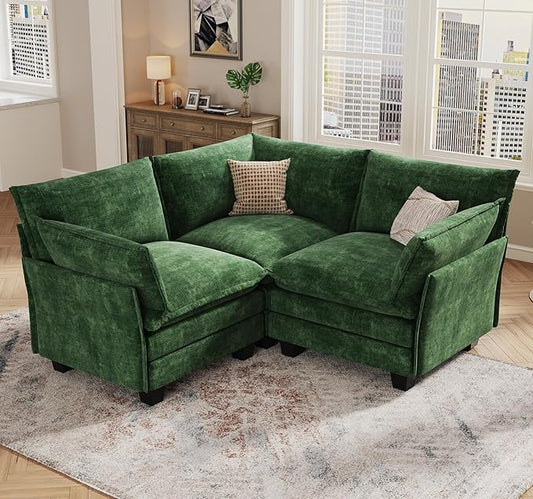 KKL Modular Sectional Sofa, V-Shaped 3 Seater Cloud Couch with Ottoman, Chenille Modern Sectional Couches for Living Room, Apartment Green