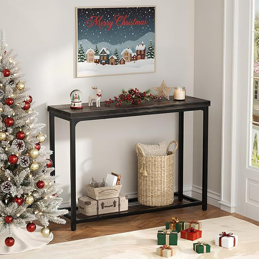 32" Small Console Table, 2-Tier Narrow Entryway Table, Sofa Table with Mesh Shelves, Console Tables for Living Room, Hallway, Entryway, Farmhouse Console Table with Storage, Oak Grey