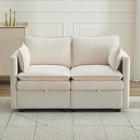 55" Cloud Modular Loveseat Sofa with Storage, Modern Upholstered Sofa Couch Small Love Seat，2 Seater Chenille Comfy Sectional Sofa with Armrests for Living Room, Small Space, Beige
