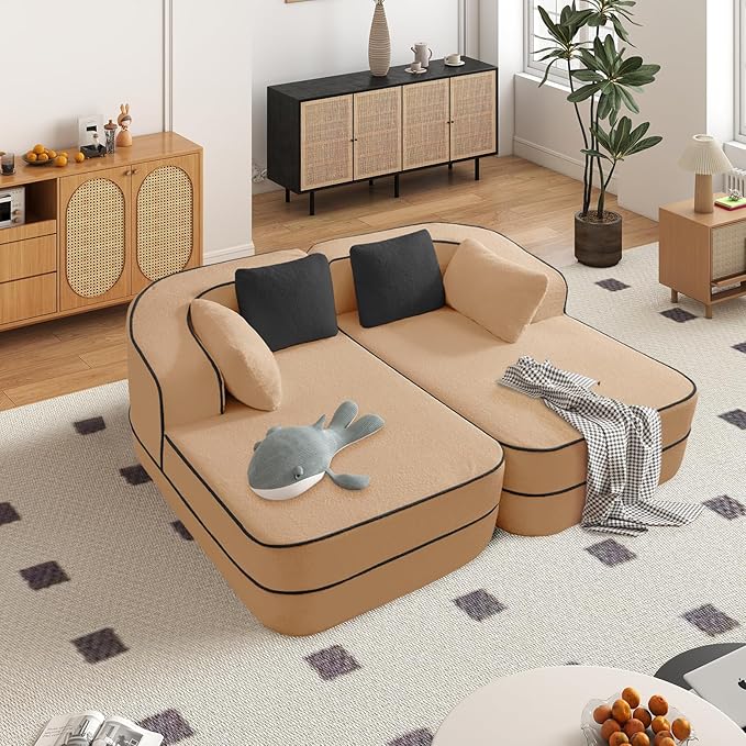 Cloud Sectional Sofa Modern Boneless Couch for Living Room, Comfy Deep Seat Comfy Teddy Fabric Double Sofa Chaise No Assembly Required (Camel, 77.2" Double Chaise Lounge)