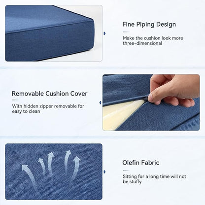 Luxury 6" Outdoor Cushions for Patio Furniture, 24x24x6" Thick Seat Cushion Set of 3, Fade Resistant Couch Chair Replacement Cushions High Density Deep Wicker Chair Cushion w/ Removable Cover, Blue
