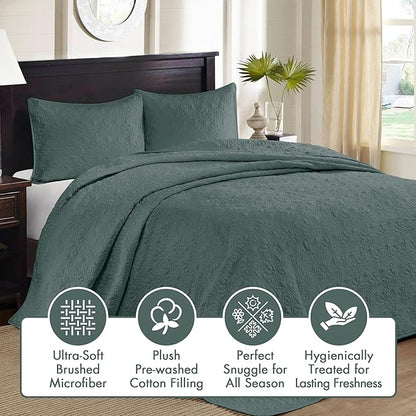 Madison Park Bedspread Set Reversible Damask Quilted Oversized Coverlet, Cotton-Filled Quilts Queen Oversized, All Season, Lofty & Warm Bedspread, Quebec, Queen Balsam Green 3 Piece
