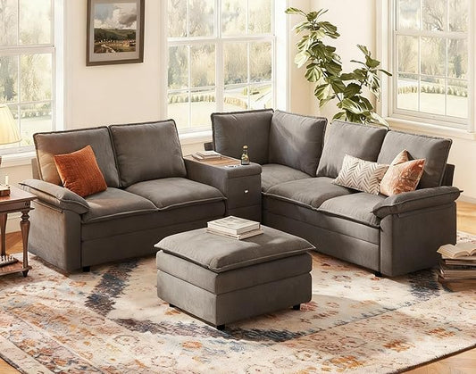 LINSY HOME Modular Sectional Couch Set, 99.7" V Shaped Cloud Sofa with Versatile Console, Chenille 5 Seater Sofa Set for Living Room, Apartment, Office, Green